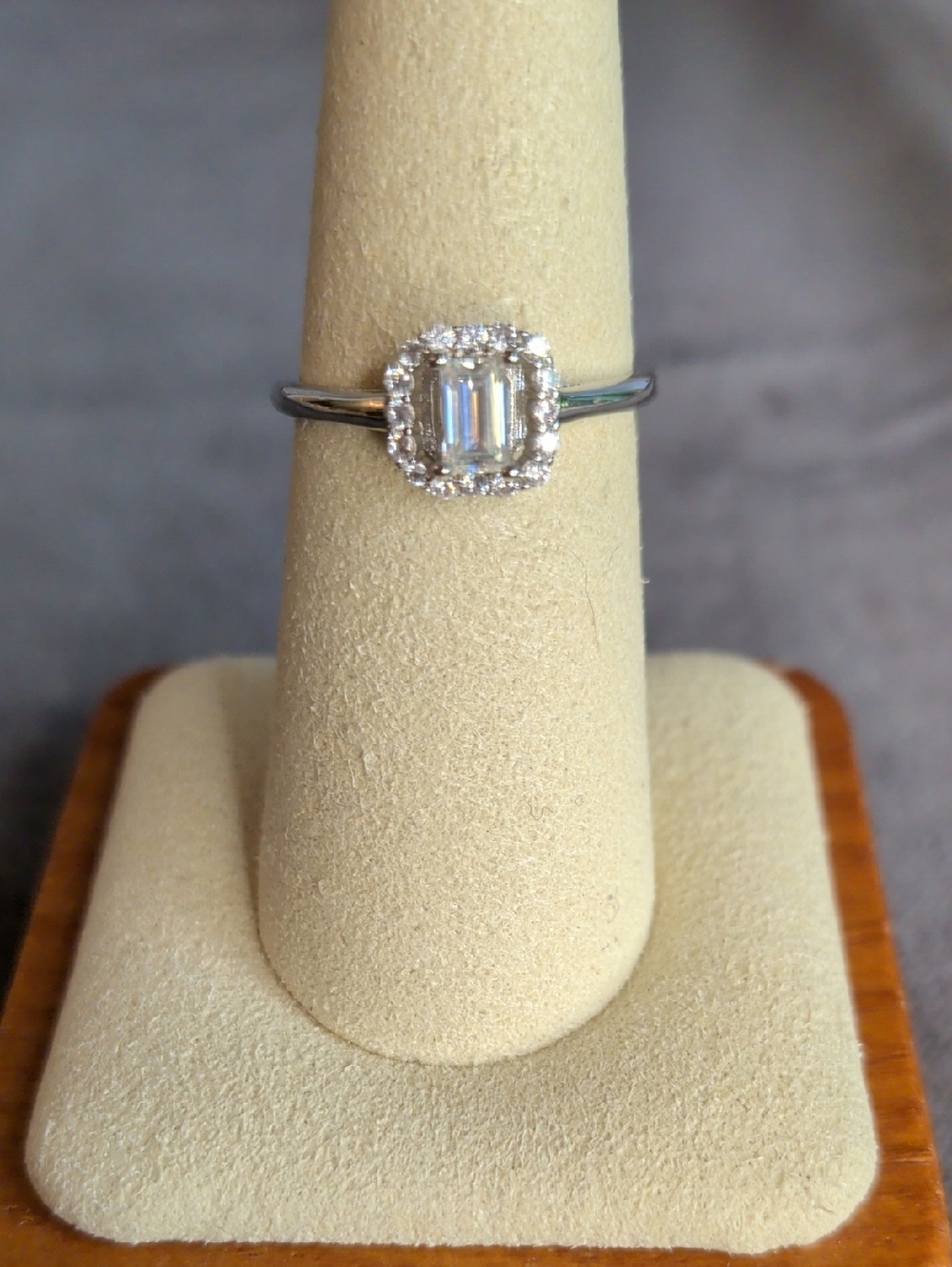 Sz 7 Moissanite Engagement Ring Emerald-Cut Halo Ring - White Gold Plated